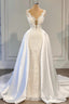 Mermaid V Neck Spaghetti strap Lace Floor Length Sleeveless Applique Beaded With Side Train Wedding Dress