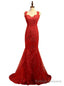 Mermaid V Neck Tulle Appliques Lace See Through Sexy Long Prom Dresses
