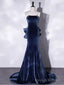 Mermaid Velvet Blue Long Prom Dresses, Blue Velvet Long Prom Dress