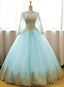 Mint Blue Long Sleeves With Gold Lace Long Prom Dresses Tulle Round Neckline Sweet 16 Dresses