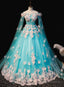 Mint Blue Tulle Embroidery Silk Flowers Quinceanera Dress, Blue Long Ball Gown Formal Dress