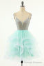 Mint Green Homecoming Dresses Straps V Neck Multi-Layer Beaded Prom Dresses
