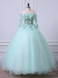 Mint Green Tulle Off Shoulder Long Sleeve Lace Applique Sweet 16 Prom Dress, Formal Dress