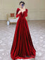 Modest A Line Long Sleeves Red Satin Evening Dress Prom Dresses