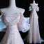Modest A-Line Off The Shoulder Pink Sequin Long Floor Length Pearls Prom Dress