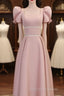 Modest A-Line Short Sleeves Long Pink Prom Dresses