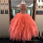 Modest Lace Appliques Organza Ruffles Coral Quinceanera Dresses Ball Gowns