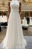 Modest Long A Line Halter Tulle Lace Backless Wedding Dress