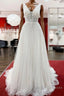 Modest Long A Line V Neck Tulle Ruffles Backless Wedding Dress With Lace