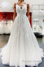 Modest Long Princess V Neck Tulle Spaghetti Straps Wedding Dresses with Lace