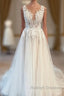 Modest Long V Neck Sleeveless Lace Backless Wedding Dress Online