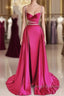 Modest Mermaid Straps Long Hot Pink Slit Satin Prom Dress
