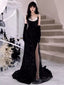 Modest Mermaid Straps Sleeveless Long Black Sequin Prom Dresses