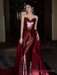 Modest Mermaid Sweetheart Burgundy Floor Length Prom Dress Sequin Prom Dresses