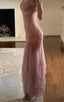 Modest Mermaid V Neckline Pink Chiffon Ruffles Long Prom Dresses Prom Dress