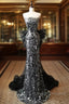 Modest Silver Mermaid Strapless Sequin Tulle Prom Dresses Long Prom Dresses