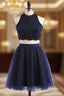 Modest Two Pieces Sleeveless Hollow Navy Blue Homecoming Dress