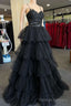 Multi-Tiered Black Straps A Line Long Prom Dress