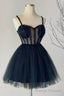Navy Blue A line Sweetheart Tulle Beads Short Homecoming Dress Prom Gowns