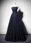 Navy Blue A-Line Tulle With Lace Scoop Long Prom Dress, Navy Blue Evening Dress