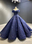 Navy Blue Ball Gowns Lace Off the Shoulder Prom Dress