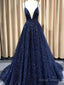Navy Blue/Burgundy/Champagne Shiny A-Line V Neck Prom Dress