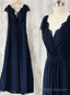 Navy Blue Chiffon with Lace A Line Long Bridesmaid Dress, Wedding Prom Dress