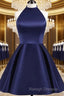 Navy Blue Cute Halter Satin Short Homecoming Dresses Blue Prom Dresseses