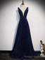 Navy Blue Deep V Neck Backless Pleats Prom Dress