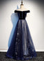 Navy Blue Floral Off Shoulder Velvet and Tulle Prom Dress, Blue Prom Dress Formal Dress