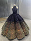 Navy Blue Gold Sequins Halter Prom Dress