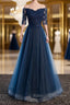 Navy Blue Half Sleeves Lace Long Prom Dress Navy Blue Lace Prom Dress