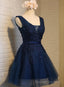 Navy Blue Knee Length Homecoming Dresses, V Neckline Short Formal Dresses