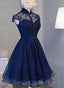 Navy Blue Knee Length Lace Party Dress, Homecoming Dress