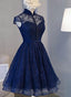 Navy Blue Knee Length Lace Prom Dress, Homecoming Dress