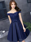 Navy Blue Lace And Satin Off Shoulder Prom Dresses With Bow Cute Homecoming Dress