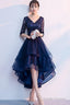 Navy Blue Lace And Tulle Layers V-Neckline High Low Party Dress, Blue Short Prom Dress