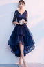 Navy Blue Lace And Tulle Layers V-Neckline High Low Prom Dresses Blue Short Prom Dresses