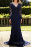 Navy Blue Lace Long Sleeves Applique Mermaid Long Fromal Prom Dress