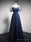 Navy Blue Long Off Shoulder A Line Prom Dress, Blue Formal Dress