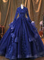Navy Blue Long Sleeves Prom Dresseses Tulle With Lace Prom Dress