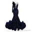 Navy Blue Mermaid One Sleeve Prom Dresses Sequined Lace Jewel Ruffles Prom Prom Dress with Appliques