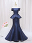 Navy Blue Mermaid Satin Off the Shoulder Prom Dress