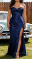 Navy Blue Mermaid Spaghetti Straps Long Prom Dress With Slit