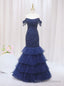 Navy Blue Mermaid Tulle Beading Off the Shoulder Prom Dress
