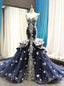 Navy Blue Mermaid Tulle Lace Appliques V Neck Backless Prom Dress