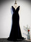 Navy Blue Mermaid Velvet See Through V-neck Prom Dress