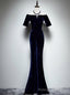 Navy Blue Mermaid Velvet Short Sleeve Prom Dress