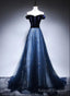 Navy Blue Off Shoulder Long Prom Dress, Long Prom Dress
