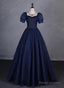 Navy Blue Round Neckline Short Sleeves Tulle Prom Dresses Navy Blue Long Prom Dresses